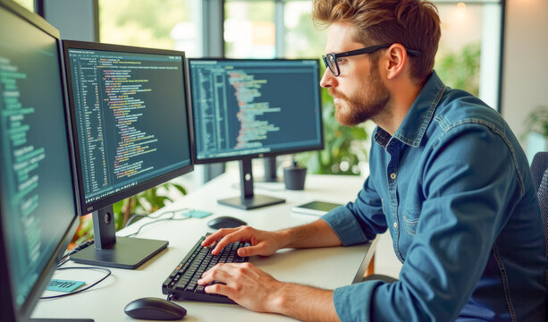 a programmer sits in front of three monitors and writes program code