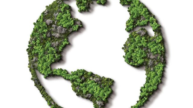 Green World Map- Earth day video tree or forest shape of world map isolated on white background. Earth Day or Environment day Concept. Green earth with electric car. Paris agreement concept.