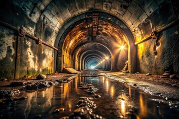 Naklejka premium Eerie Abandoned Tunnel with Water Pooling and Single Light Source - Macro Photography of Grime-Covered Walls, Dark Atmosphere, and Mysterious Depths