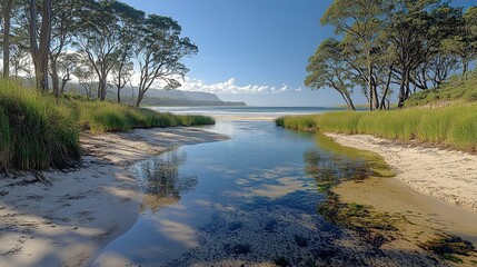 A picturesque bay experiences low water levels, illustrating the environmental changes that affect water resources and ecosystems around the world