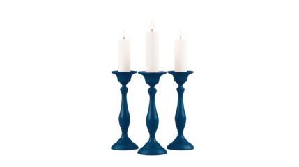 Elegant blue candle holders with white candles, perfect for home decor and ambiance enhancement.