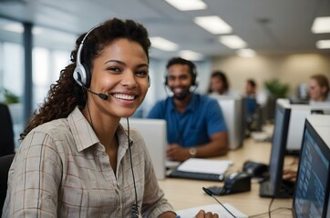 A young dark skin beautiful woman in a smart shirt outfit smiles while wearing a headset, working as a call center operator in a busy blue office. The saleswoman assistent and secretary girl