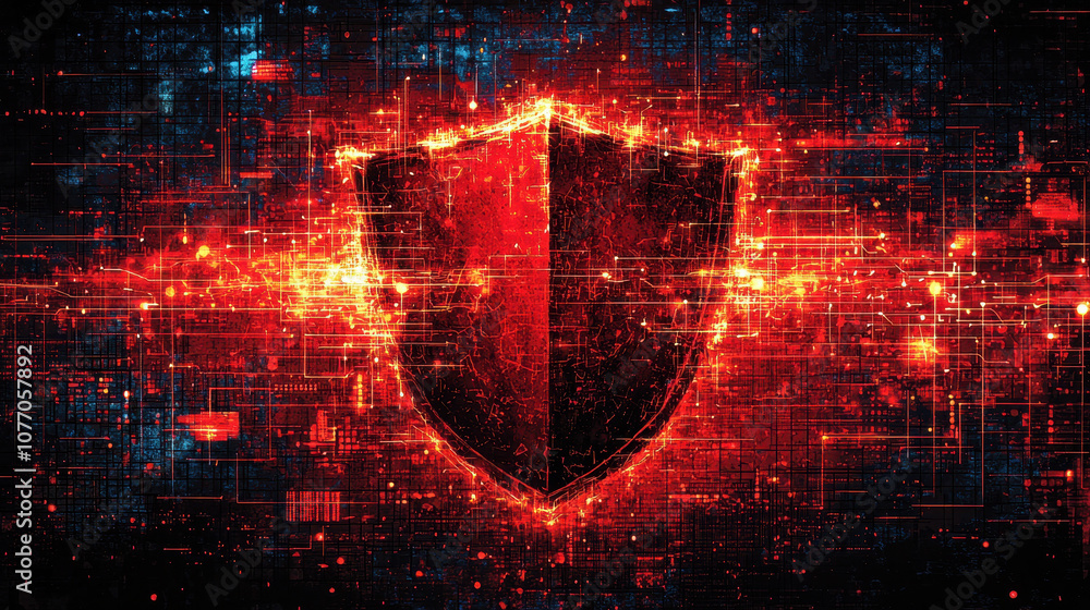 Poster conceptual image of broken shield with glowing red elements, symbolizing vulnerability and protectio