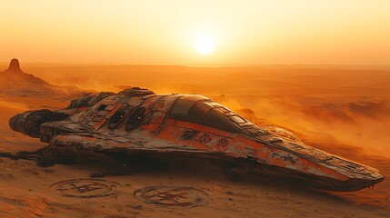 A crashed spaceship lies in the desert, the setting sun casting a warm glow over the scene.