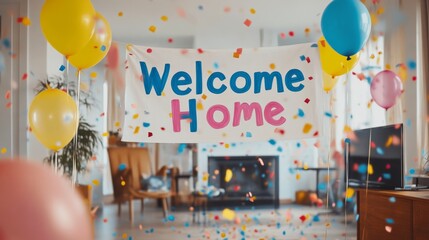 Welcome Home Celebration with Balloons and Confetti