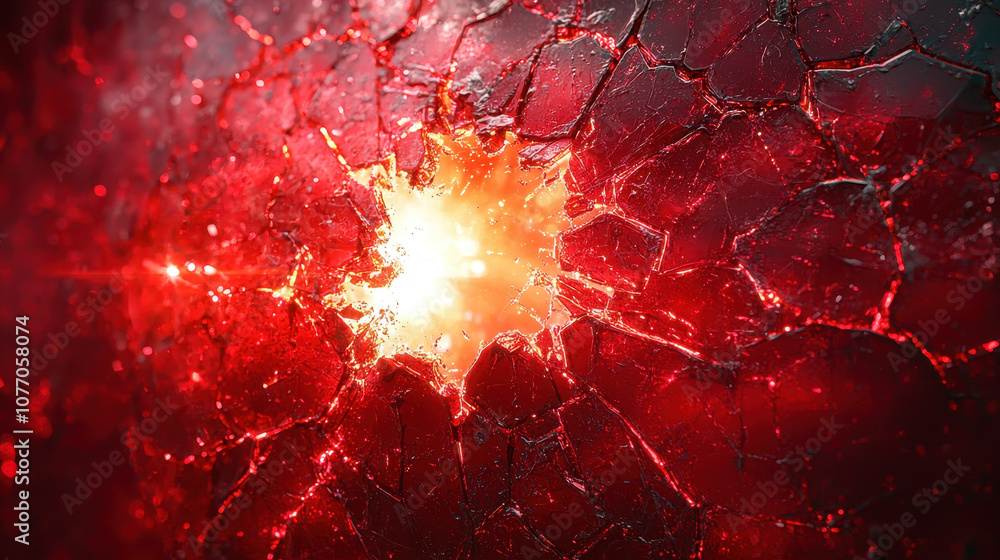 Poster digital fortress with cracks, symbolizing vulnerability and strength, glows with fiery light. red hu