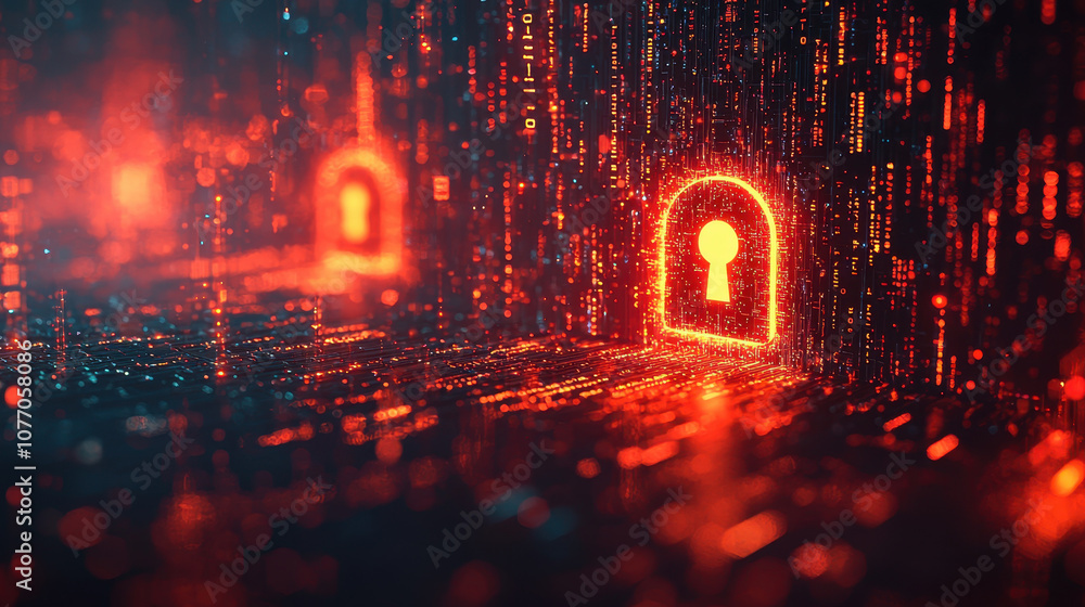 Poster digital lock illuminated in red, surrounded by abstract data streams, symbolizes security and techno