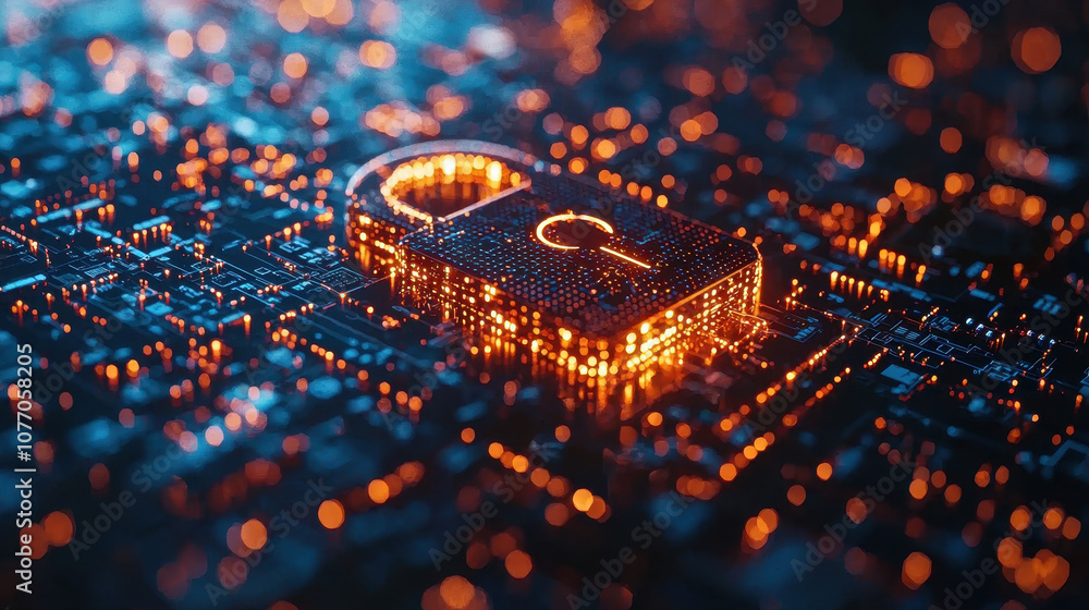 Poster digital lock illuminated by glowing binary code, symbolizing cybersecurity and data protection. this