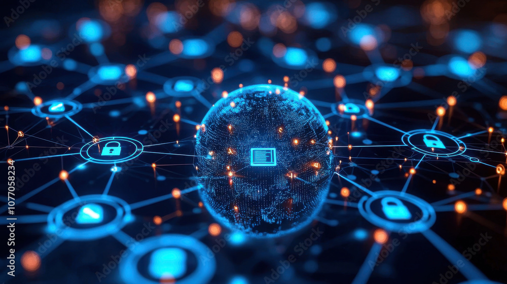 Poster digital globe surrounded by interconnected security shields and nodes, representing global cybersecu