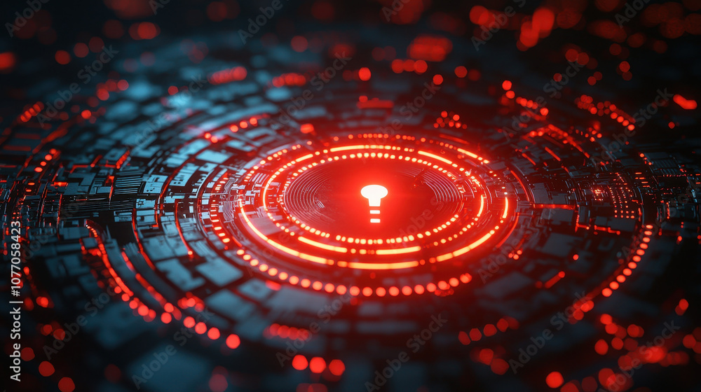 Poster maze of wires and circuits with glowing red key symbol at center, representing technology and securi