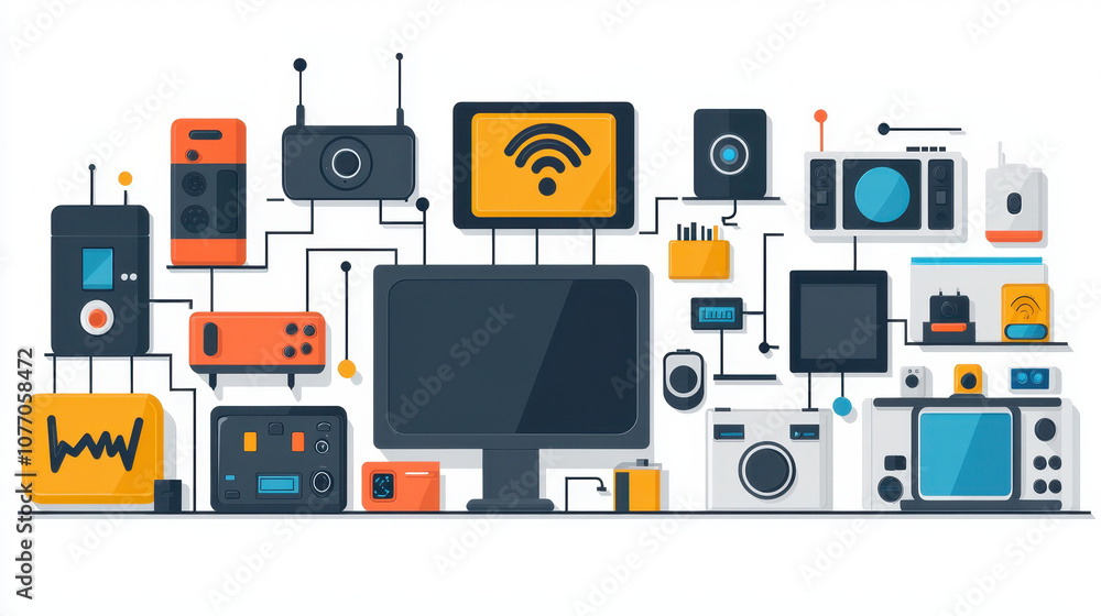 Poster network of connected devices showcasing technology and communication. image features various gadgets