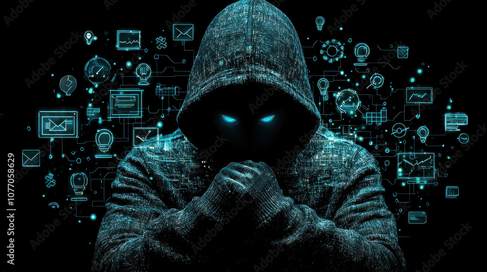 Poster mysterious hacker silhouette in hood, surrounded by digital icons and data, evokes sense of intrigue
