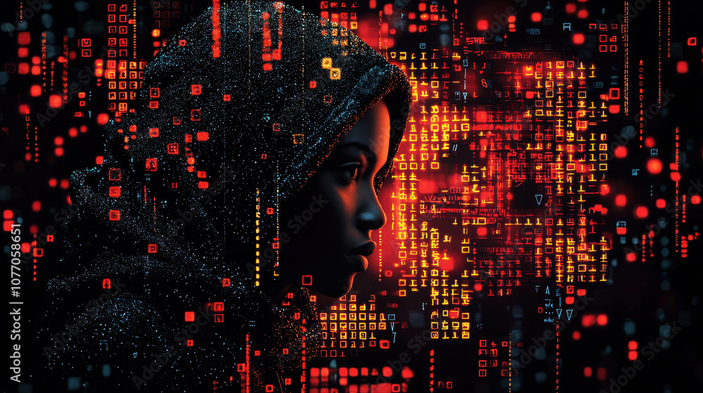Aufkleber silhouette of person in hood against backdrop of glowing binary code, symbolizing technology and mys