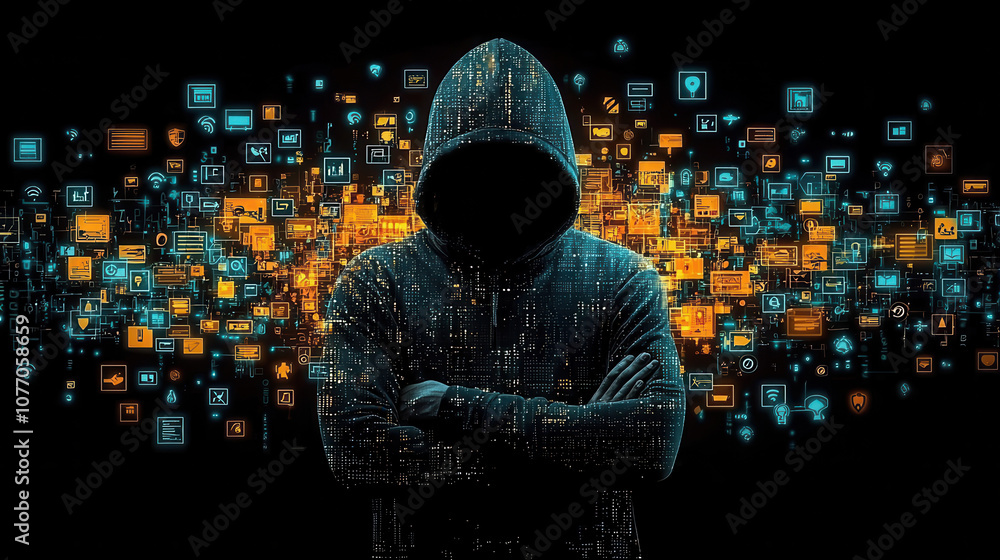 Aufkleber silhouette of hacker in hooded sweatshirt, surrounded by digital icons and data streams, representin
