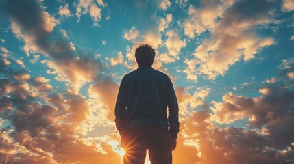 Obraz premium A person stands silhouetted against a vibrant sunset sky, with clouds painted in different hues of orange and blue, evoking a sense of wonder and possibility