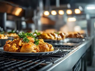 Modern chicken processing plant with automated equipment, clean factory, largescale production, industrial food handling