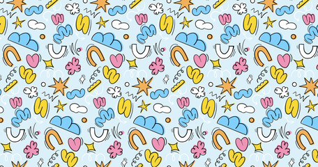 Children's blue seamless pattern, hand drawn colorful abstract shapes. Print for fabric, packaging or cover. Sample in samples.