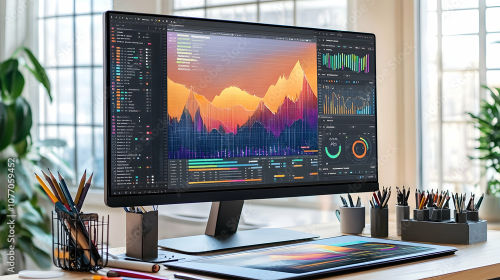 Poster a modern desk with a computer displaying a graph and charts with pencils and a tablet.