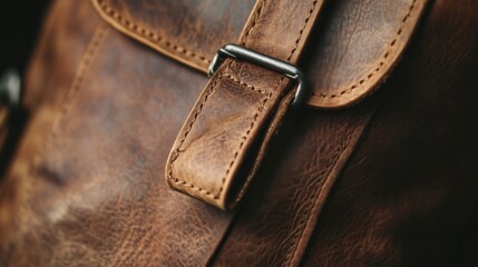 Close Up of a Brown Leather Bag with Metal Buckle