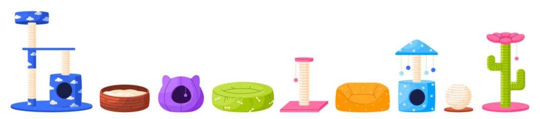 Set of cat furniture for sleep. Collection of pet bed houses, cat tree with climbing platforms, toys and scratching post. Cat towers and baskets. Isolated vector illustration in cartoon style