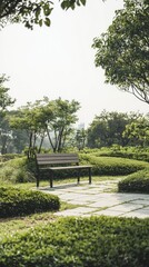 Obraz premium Minimalist Garden with a Single Bench in Sparse Landscape
