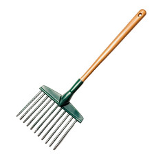 Gardening rake with a wooden handle, ideal for yard work and maintaining gardens.