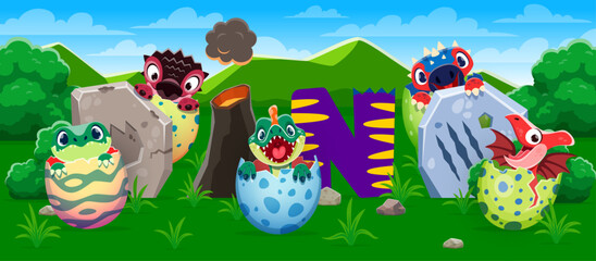 Funny cute dino kids characters in eggs on prehistoric nature landscape vector background. Cartoon baby dinosaurs hatching from egg shells and dino letters font made of volcano and fossil foot print © Vector Tradition