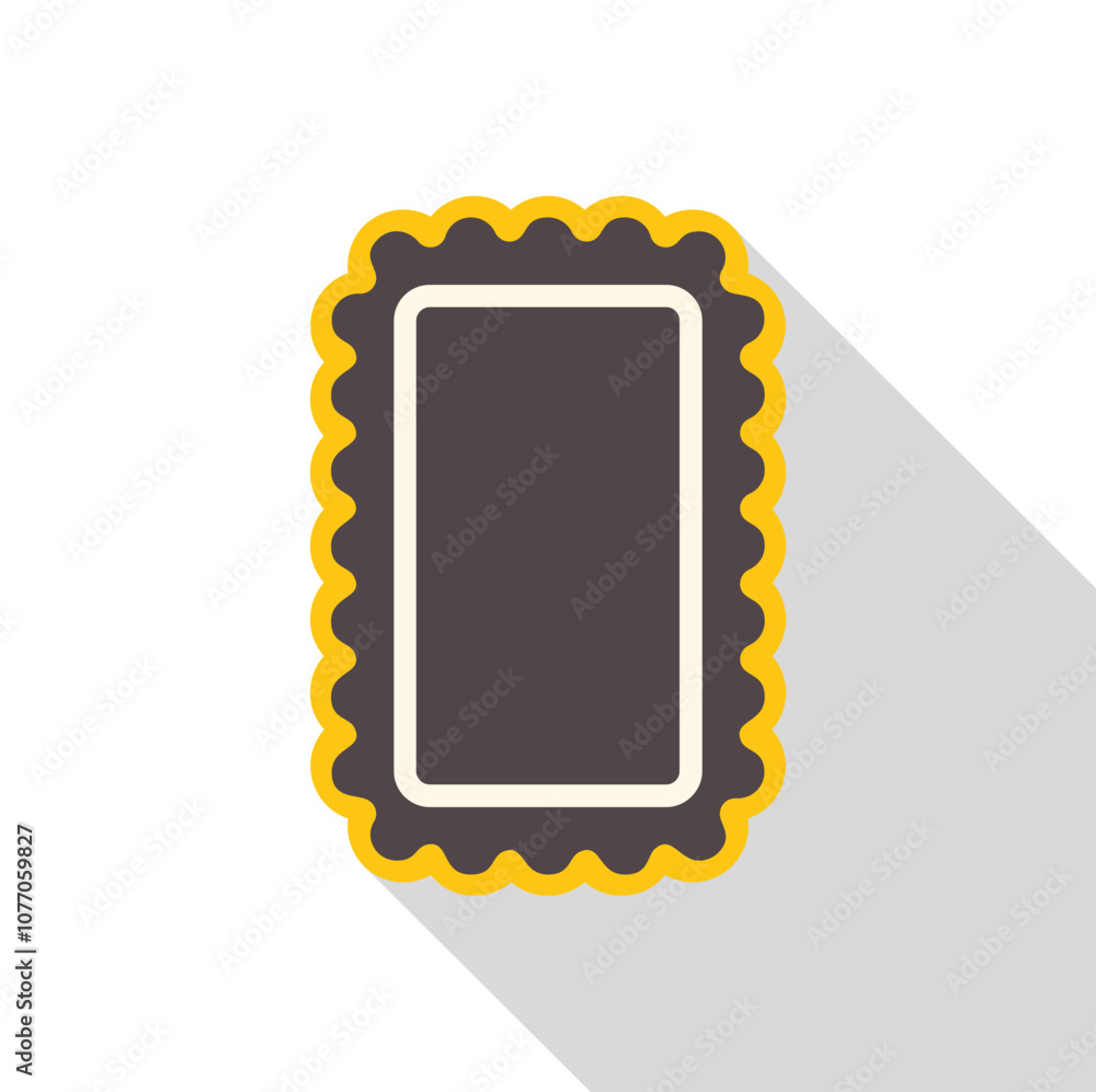 Poster simple rectangular frame with scalloped edges and long shadow, creating a vintage or retro aesthetic