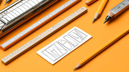 A sketch of the word "team" on a white card with pencils and a ruler on a yellow background.