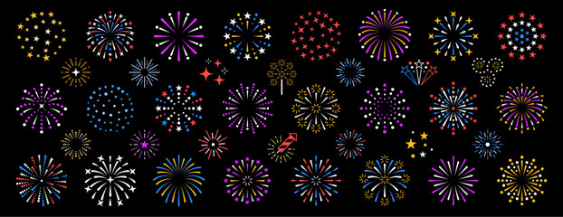 Colorful exploding festival Cartoon fireworks set, Isolated on blue background. Flat Style Vector Illustration. Vector Design Template great for Wrapping Papers, Web Banner, Wallpapers, Backgrounds