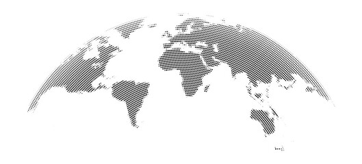 Rounded globe with continents and countries in Halftone Style. Isolated world map Vector Background. Transportation and business infographics on White background.