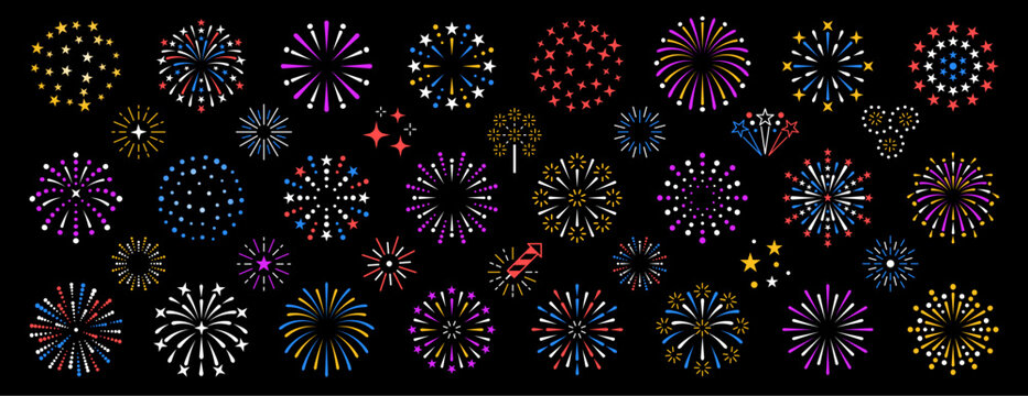 Colorful exploding festival Cartoon fireworks set, Isolated on blue background. Flat Style Vector Illustration. Vector Design Template great for Wrapping Papers, Web Banner, Wallpapers, Backgrounds