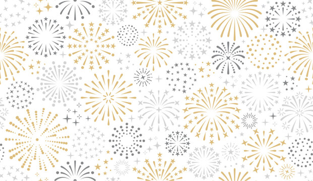 new year firework vector Seamless Pattern Illustration. golden and silver fireworks on white background. Art design suitable for Wrapping Paper Decoration, Web Banners, Greeting cards, Covers