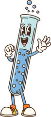 Cartoon groovy school test tube flask character. Retro chemical vial, funky science glassware. Isolated vector lab glass beaker filled with a blue bubbly substance, wears sneakers, ready for education © Vector Tradition