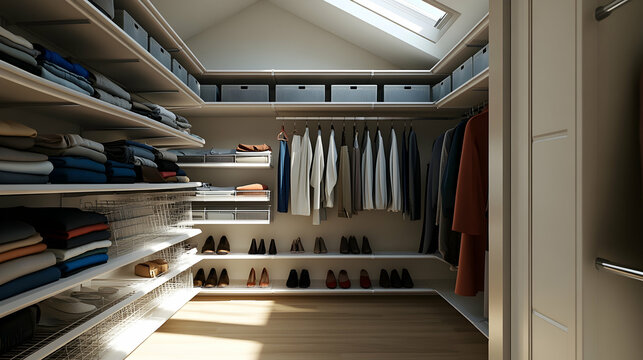 A spacious walk-in closet with white shelves, a clothes rack, and a skylight. The closet is well organized with clothes, shoes, and boxes. - Powered by Adobe