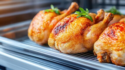 Fototapeta premium Packaged chicken on highspeed line in factory, logistics focus, organized process, cold storage, hygiene standards