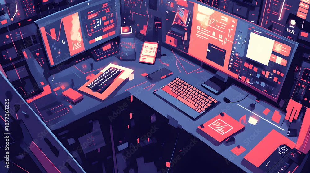 Poster a top-down view of a futuristic workspace with multiple screens, keyboards, and other tech devices.