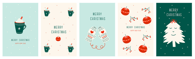 Set Christmas cards with Christmas ball, mug, tree, christmas elements. Vector illustrations