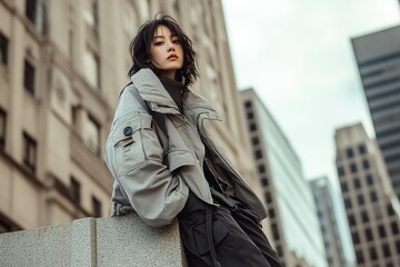 Obraz premium Stylish woman in urban backdrop, casual fashion.