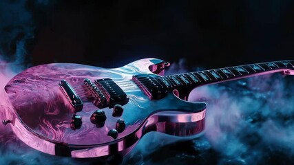 Transparent electric guitar lies on a stage, surrounded by swirling pink and blue smoke. The instrument reflects vibrant lights, creating a captivating atmosphere for the performance
