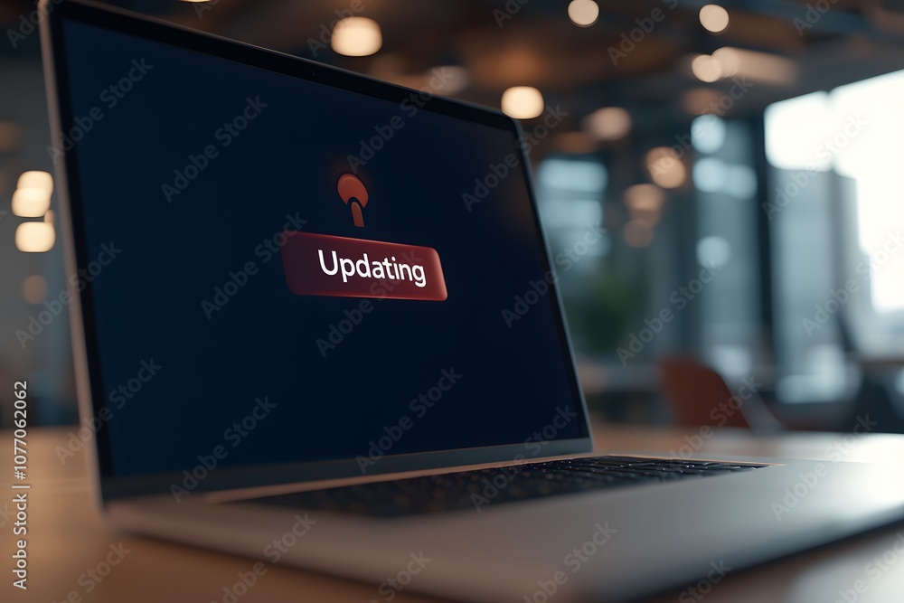 Poster laptop screen displaying software updating – representing technology, system upgrades, and digital m