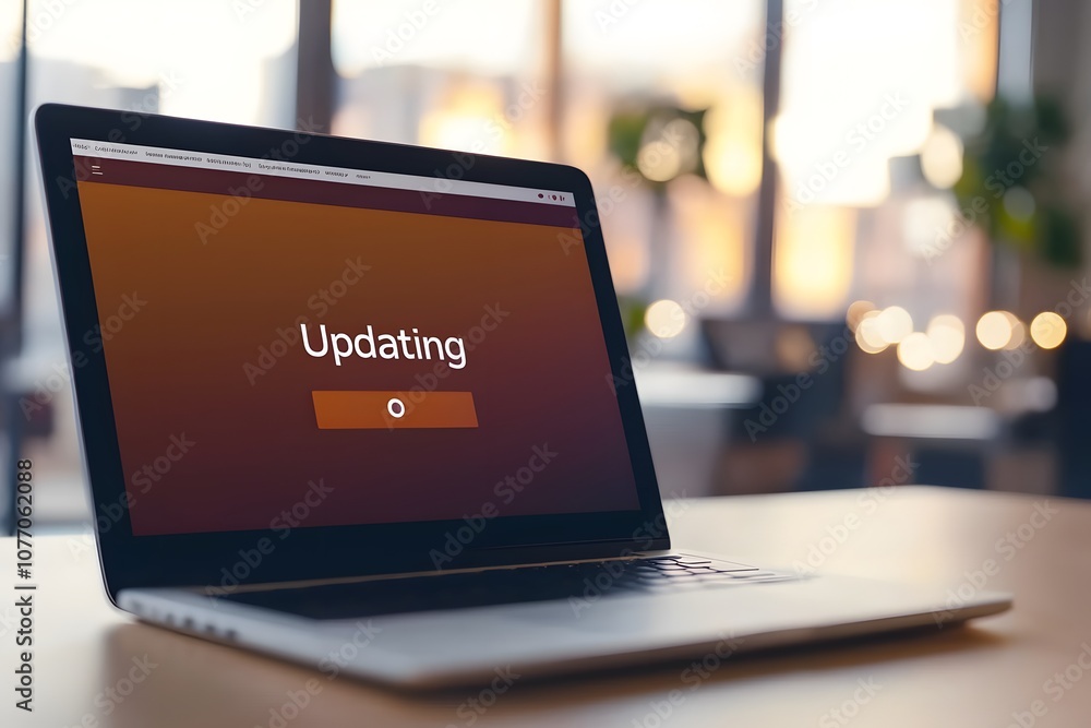 Poster laptop screen displaying software updating – representing technology, system upgrades, and digital m