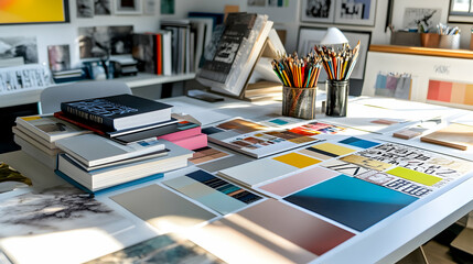 A well-organized workspace with color palettes, books, and art supplies on a table.