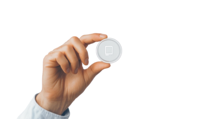 Person holding a blank token with a white background, suitable for various branding purposes.