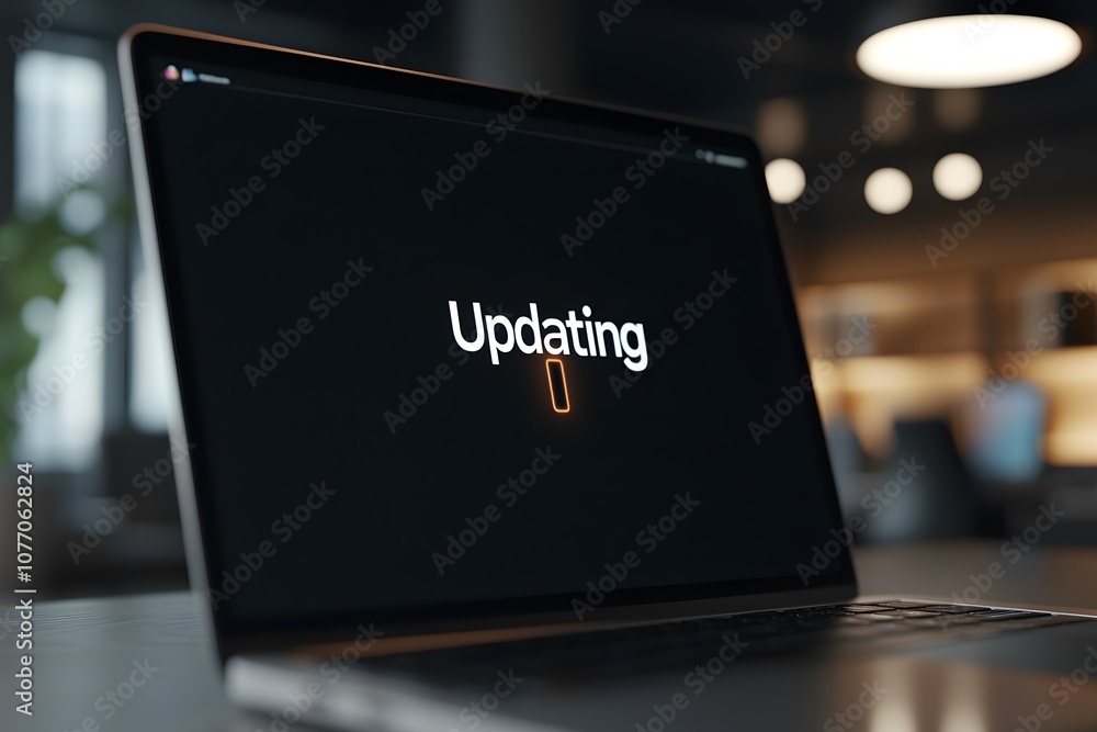 Poster laptop screen displaying software updating – representing technology, system upgrades, and digital m