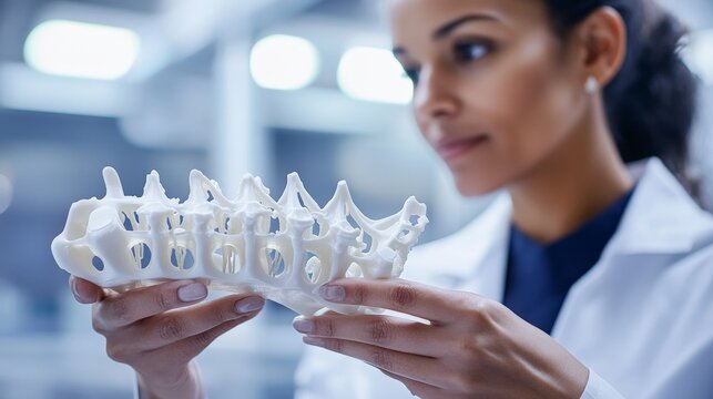 Scientist Analyzing Human Spine Model in Laboratory Environment, Focusing on Vertebrae Structure and Functionality, Highlighting Importance of Spinal Health and Research