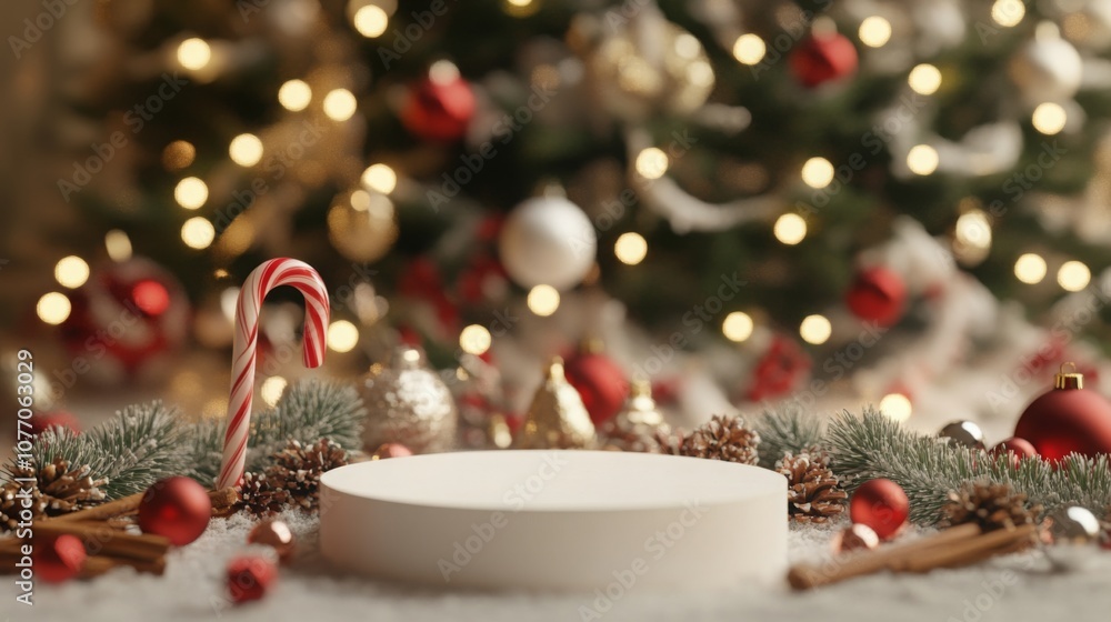 Poster decorative elements surround a smooth, blank pedestal positioned on a snowy surface. a christmas tre