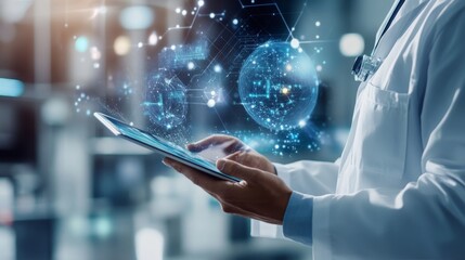 Medical Professional Using Digital Tablet with Holographic Display of Global Health Data, Scientific Research and Medical Technology in a Modern Healthcare Environment