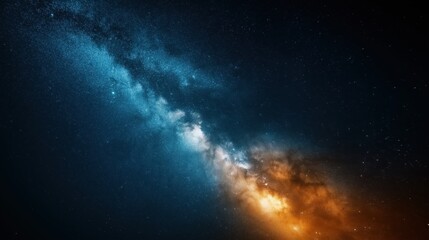 Fototapeta premium Night sky showing the Milky Way galaxy with blue and orange hues, filled with stars and interstellar clouds, illustrating the beauty of space and cosmic phenomena.