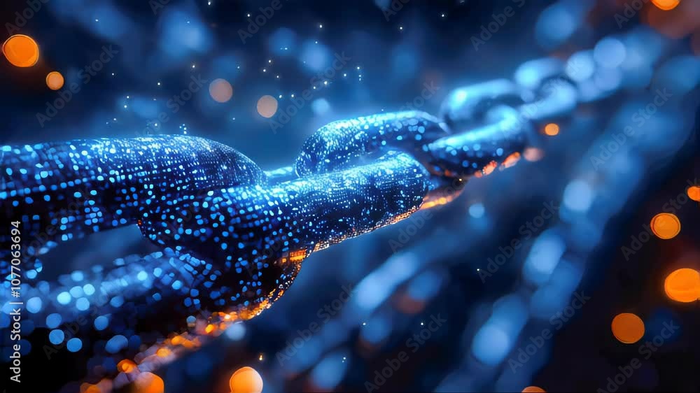 Poster digital chain with illuminated data points, symbolizing blockchain technology and secure data transf